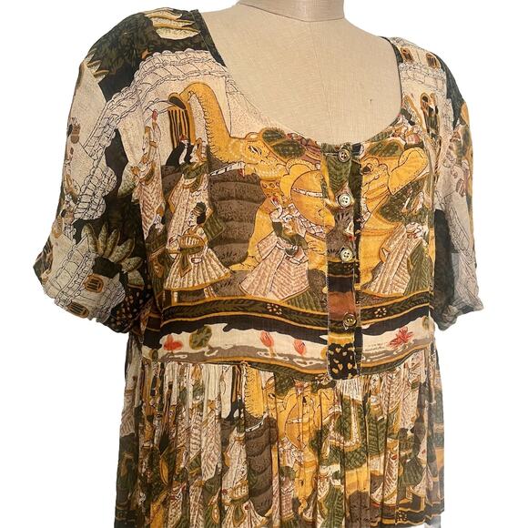 Vintage 80s Boho Cotton Dress Semi Sheer Elephant Print India Size Large - Picture 2 of 12